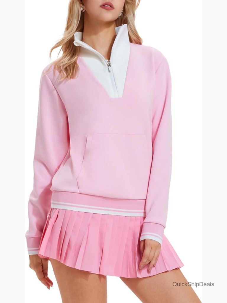 Lightweight Polyester & Spandex & Cotton Half Zip Sweatshirt With Pleated Skirt